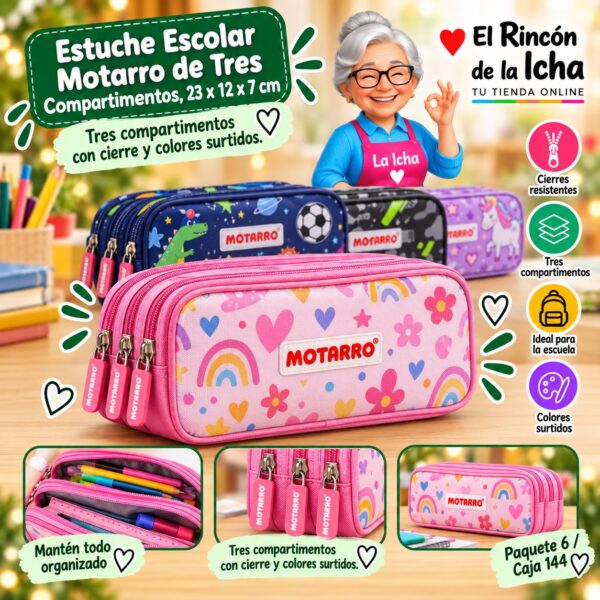 Estuche Escolar Motarro de Tres Compartimentos, 23 x 12 x 7 cm