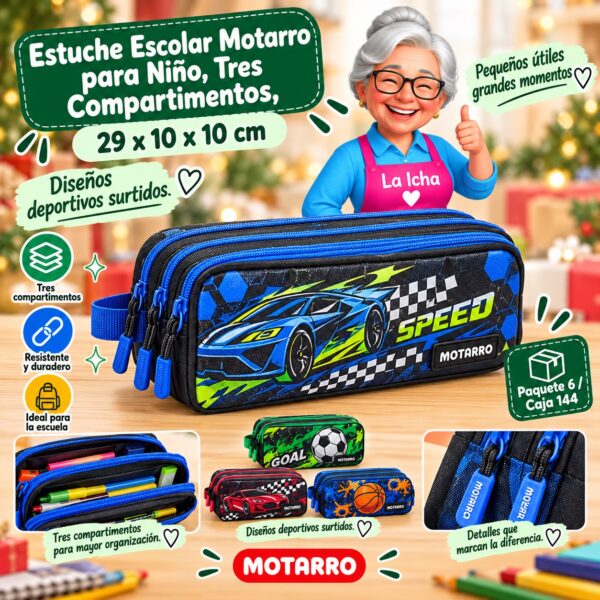 Estuche Escolar Motarro para Niño, Tres Compartimentos, 29 x 10 x 10 cm