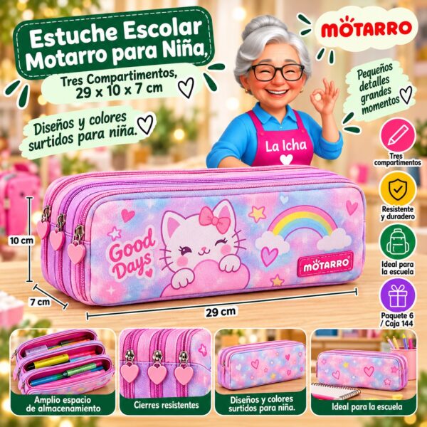 Estuche Escolar Motarro para Niña, Tres Compartimentos, 29 x 10 x 7 cm