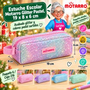 RI-0007865 Estuche Escolar Motarro Glitter Pastel, 19 x 8 x 6 cm