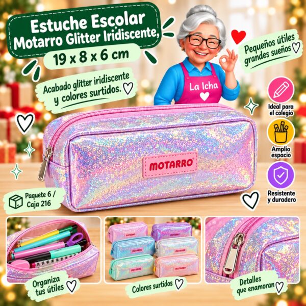 Estuche Escolar Motarro Glitter Iridiscente, 19 x 8 x 6 cm