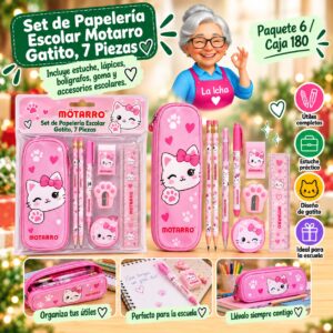 RI-0007867 Set de Papelería Escolar Motarro Gatito, 7 Piezas