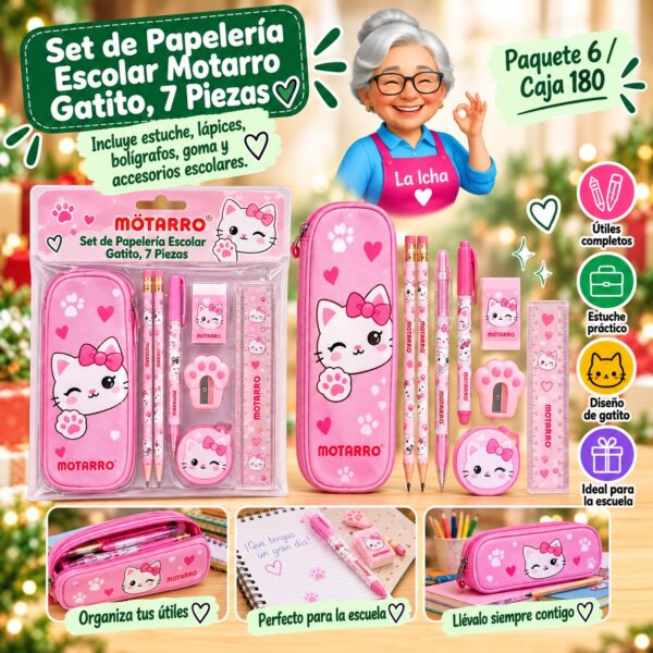 Set de Papelería Escolar Motarro Gatito, 7 Piezas