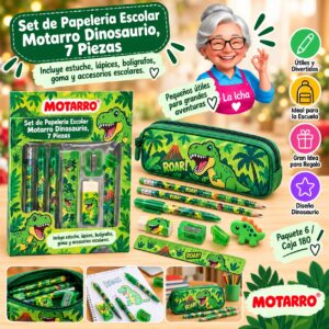 RI-0007868 Set de Papelería Escolar Motarro Dinosaurio, 7 Piezas