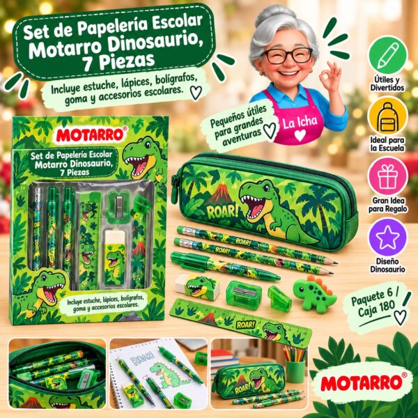 Set de Papelería Escolar Motarro Dinosaurio, 7 Piezas