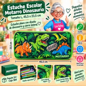 RI-0007870 Estuche Escolar Motarro Dinosaurio Tamaño L, 45,5 x 23,5 cm