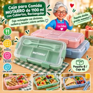 RI-0007884 Caja para Comida Motarro de 1100 ml con Cubiertos, Rectangular