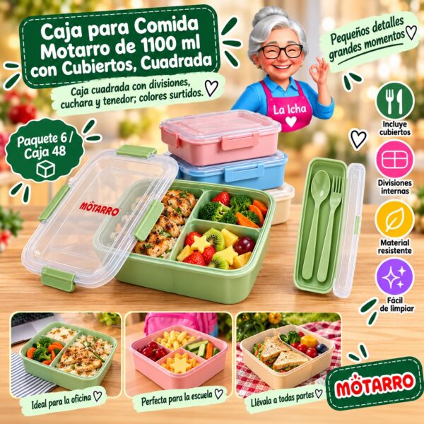 Caja para Comida Motarro de 1100 ml con Cubiertos, Cuadrada