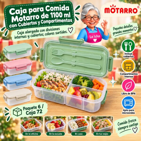Caja para Comida Motarro de 1100 ml con Cubiertos y Compartimentos