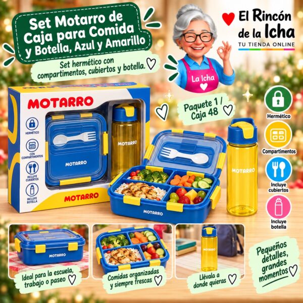 Set Motarro de Caja para Comida y Botella, Azul y Amarillo