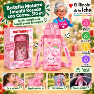 RI-0007897 Botella Motarro Infantil Rosada con Correa, 510 ml