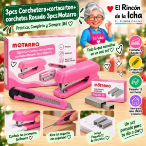 3pcs Corchetera+cortacartón+corchetes Rosado 3pcs Motarro