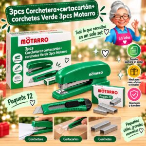 3pcs Corchetera+cortacartón+corchetes Verde 3pcs Motarro