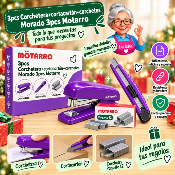 3pcs Corchetera+cortacartón+corchetes Morado 3pcs Motarro