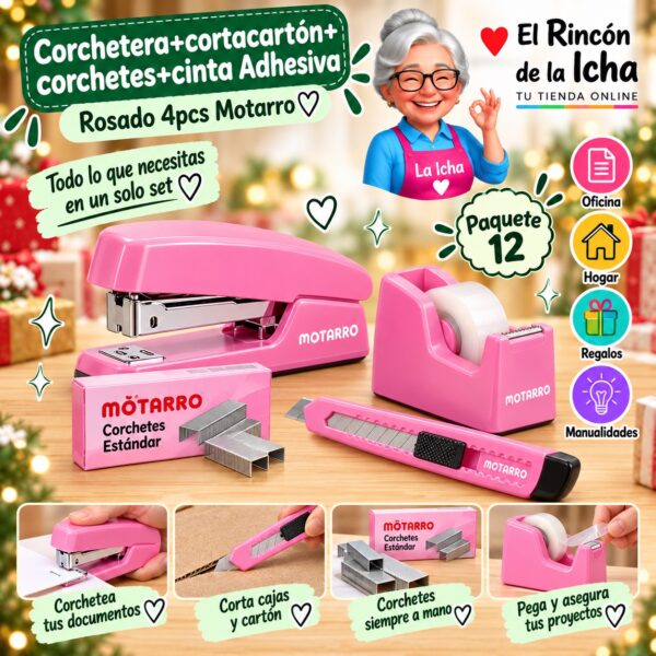 Corchetera+cortacartón+corchetes+cinta Adhesiva Rosado 4pcs Motarro