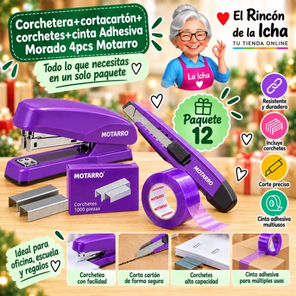Corchetera+cortacartón+corchetes+cinta Adhesiva Morado 4pcs Motarro