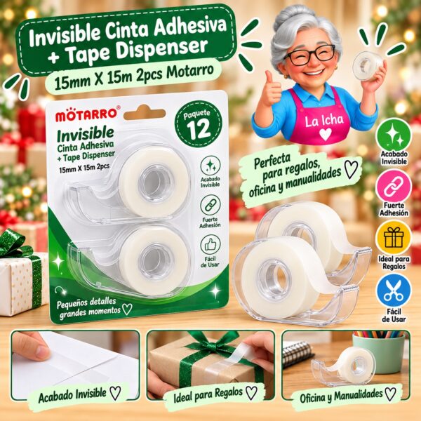 RI-0007976 Invisible Cinta Adhesiva + Tape Dispenser 15mm X 15m 2pcs Motarro