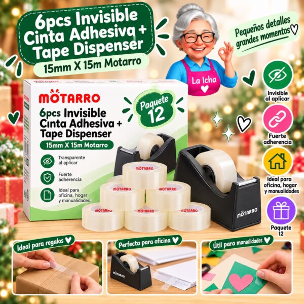 RI-0007982 6pcs Invisible Cinta Adhesiva + Tape Dispenser 15mm X 15m Motarro