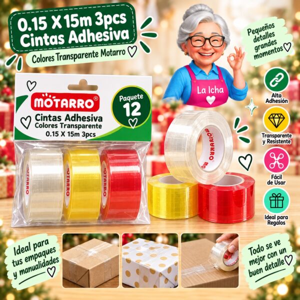 RI-0007985 0.15 X 15m 3pcs Cintas Adhesiva Colores Transparente Motarro