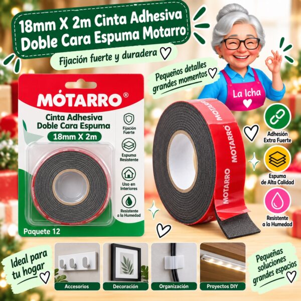 18mm X 2m Cinta Adhesiva Doble Cara Espuma Motarro