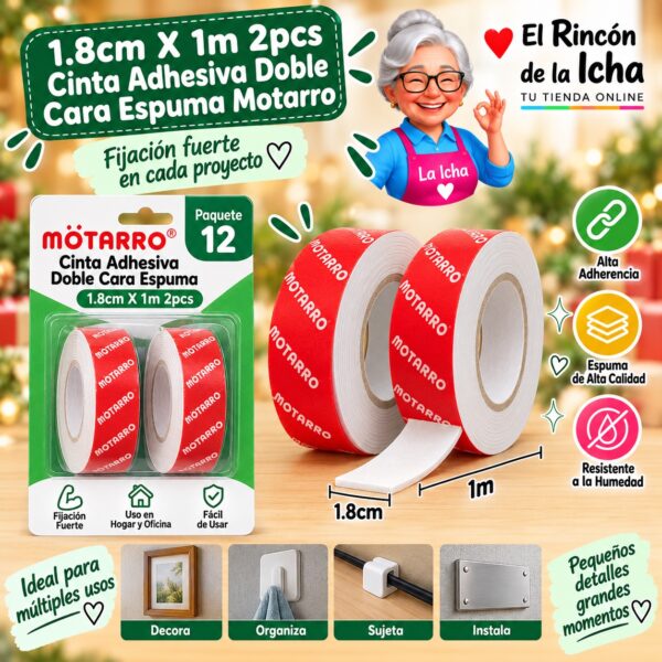 1.8cm X 1m 2pcs Cinta Adhesiva Doble Cara Espuma Motarro
