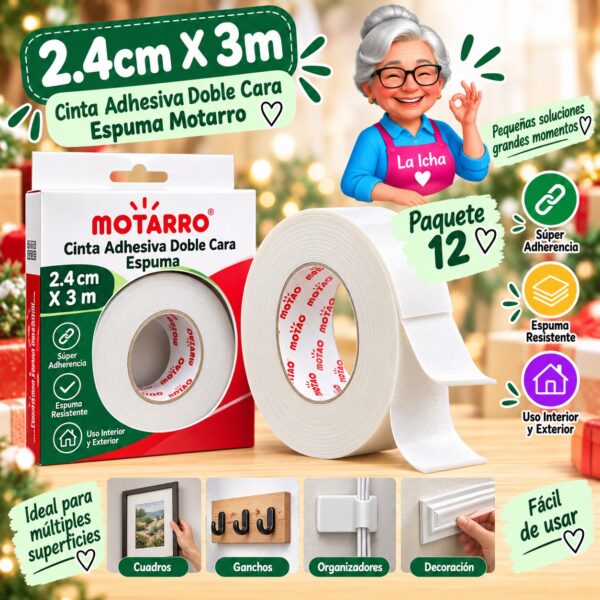 2.4cm X 3m Cinta Adhesiva Doble Cara Espuma Motarro