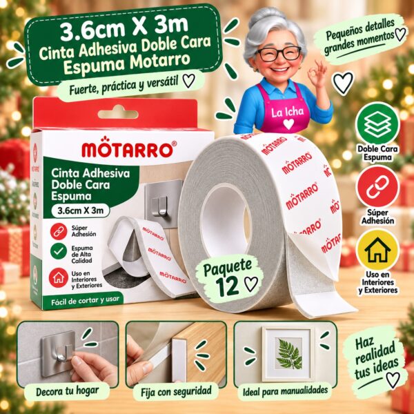 3.6cm X 3m Cinta Adhesiva Doble Cara Espuma Motarro