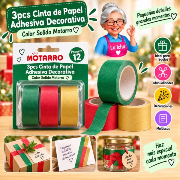 RI-0008030 3pcs Cinta de Papel Adhesiva Decorativa Color Solido Motarro