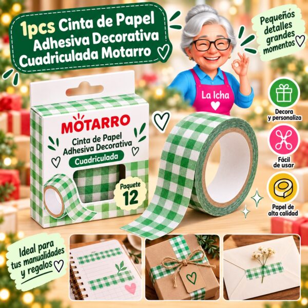RI-0008031 1pcs Cinta de Papel Adhesiva Decorativa Cuadriculada Motarro