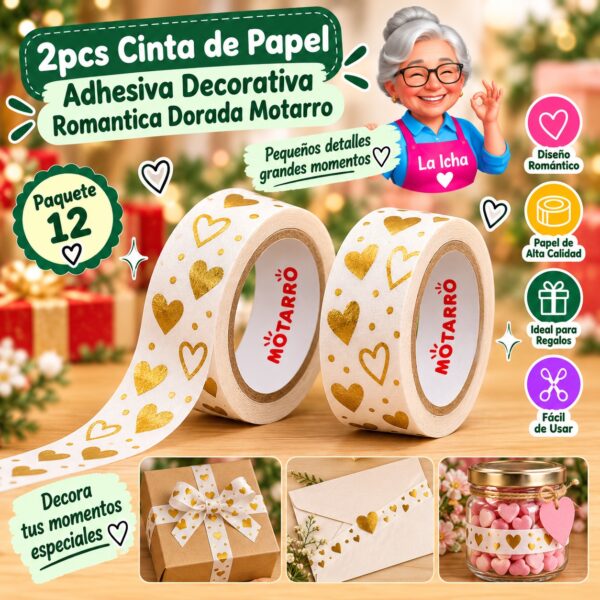 RI-0008033 2pcs Cinta de Papel Adhesiva Decorativa Romantica Dorada Motarro