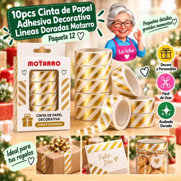 RI-0008035 10pcs Cinta de Papel Adhesiva Decorativa Lineas Doradas Motarro