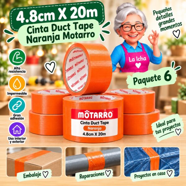 4.8cm X 20m Cinta Duct Tape Naranja Motarro