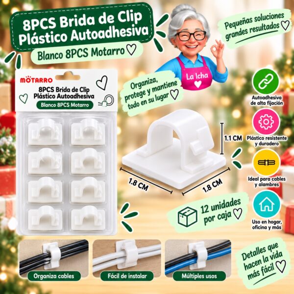 RI-0008069 8PCS Brida de Clip Plástico Autoadhesiva Blanco 8PCS Motarro