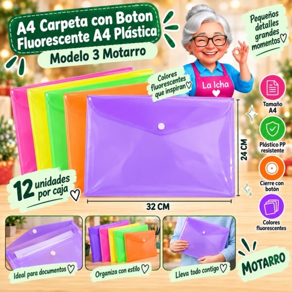 RI-0008166 A4 Carpeta con Boton Fluorescente A4 Plástica Modelo 3 Motarro
