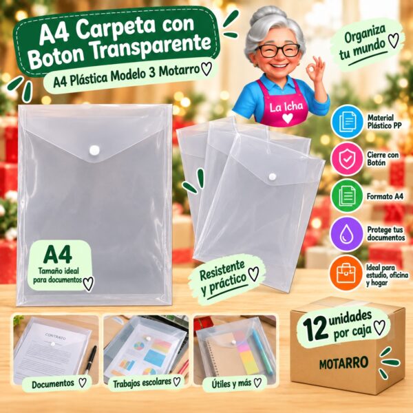 RI-0008190 A4 Carpeta con Boton Transparente A4 Plástica Modelo 3 Motarro
