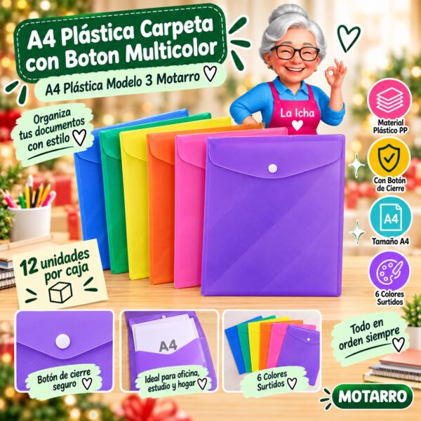 RI-0008191 A4 Plástica Carpeta con Boton Multicolor A4 Plástica Modelo 3 Motarro