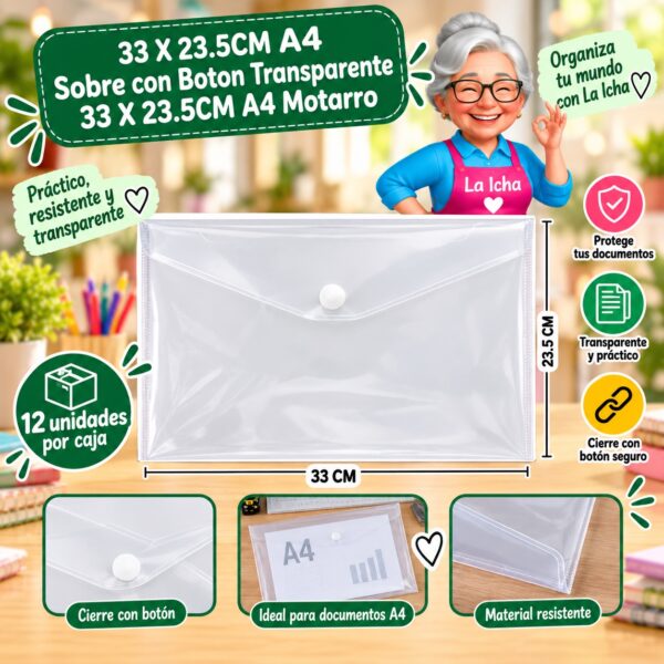 RI-0008223 33 X 23.5CM A4 Sobre con Boton Transparente 33 X 23.5CM A4 Motarro