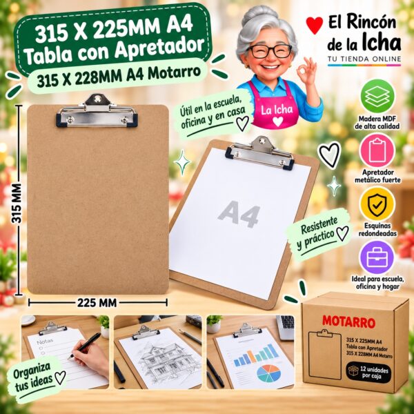 RI-0008256 315 X 225MM A4 Tabla con Apretador 315 X 228MM A4 Motarro