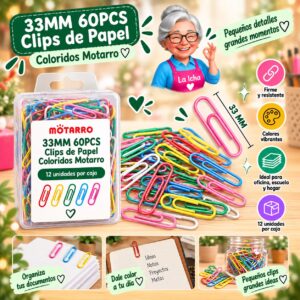 33MM 60PCS Clips de Papel Coloridos Motarro