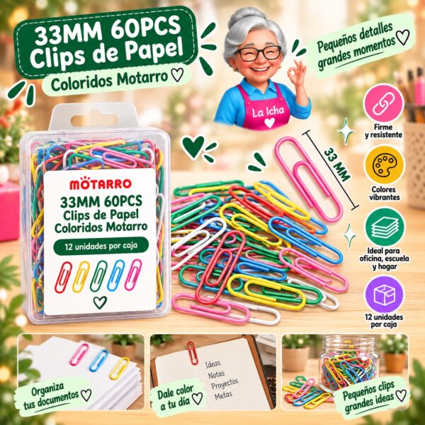 RI-0008282 33MM 60PCS Clips de Papel Coloridos Motarro