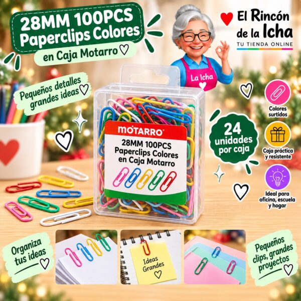 RI-0008287 28MM 100PCS Paperclips Colores en Caja Motarro
