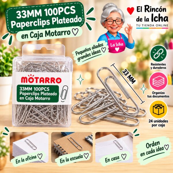 33MM 100PCS Paperclips Plateado en Caja Motarro