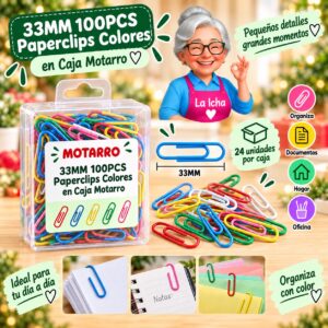 33MM 100PCS Paperclips Colores en Caja Motarro
