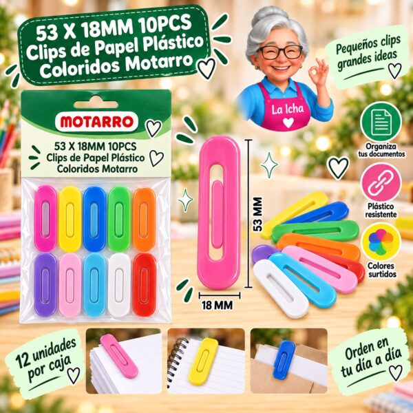 RI-0008290 53 X 18MM 10PCS Clips de Papel Plástico Coloridos Motarro