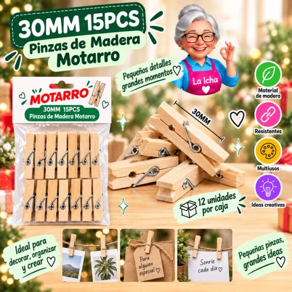 RI-0008309 30MM 15PCS Pinzas de Madera Motarro