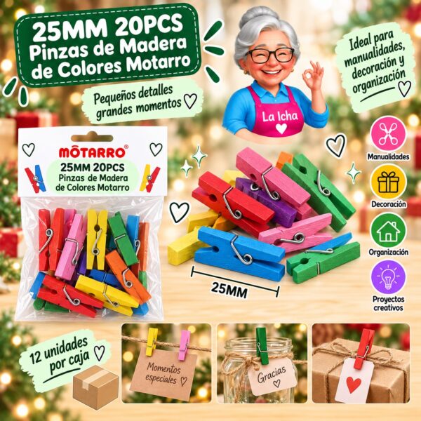 RI-0008313 25MM 20PCS Pinzas de Madera de Colores Motarro