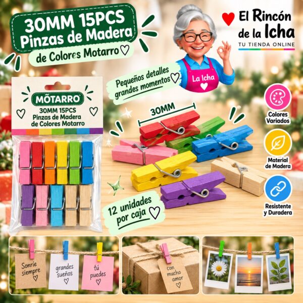 RI-0008314 30MM 15PCS Pinzas de Madera de Colores Motarro