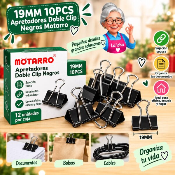 19MM 10PCS Apretadores Doble Clip Negros Motarro