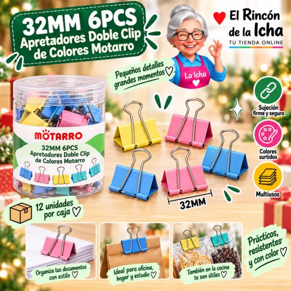 32MM 6PCS Apretadores Doble Clip de Colores Motarro