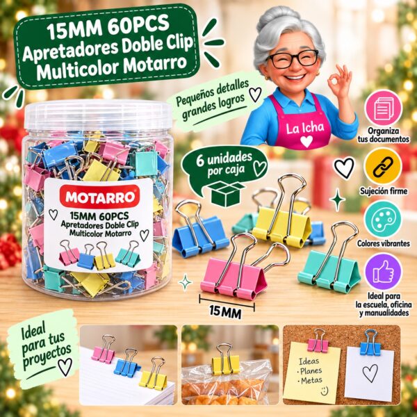 RI-0008334 15MM 60PCS Apretadores Doble Clip Multicolor Motarro